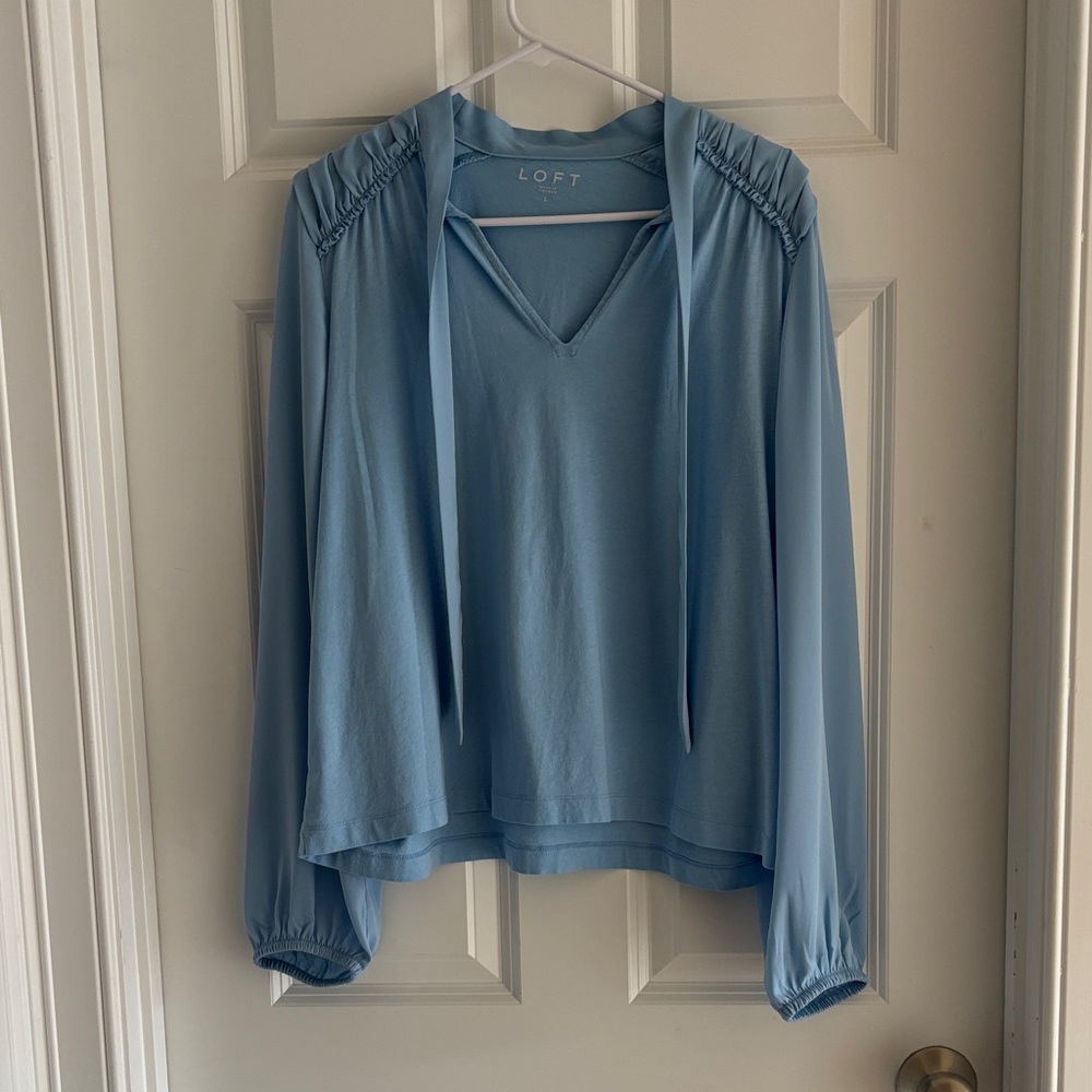 LOFT Women's Sky Blue Tie Neck Blouse
